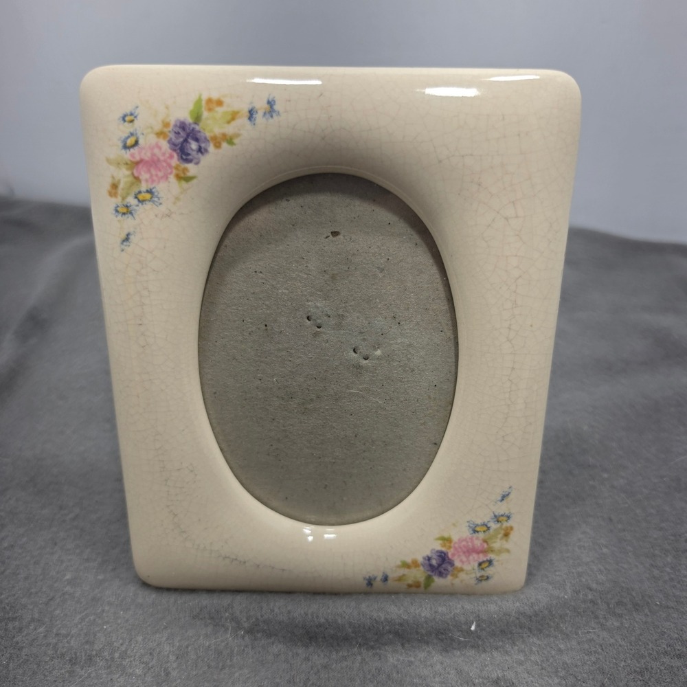 Vintage Ceramic Floral Crackle Glaze Oval Picture Frame Cream Tabletop Decor